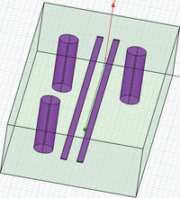 Figure 4. A differential line pair lies symmetrically between two vias for a connector. Both lines are loaded with the same parasitic capacity. The front via is single; here both conductive paths of the pair are influenced unevenly